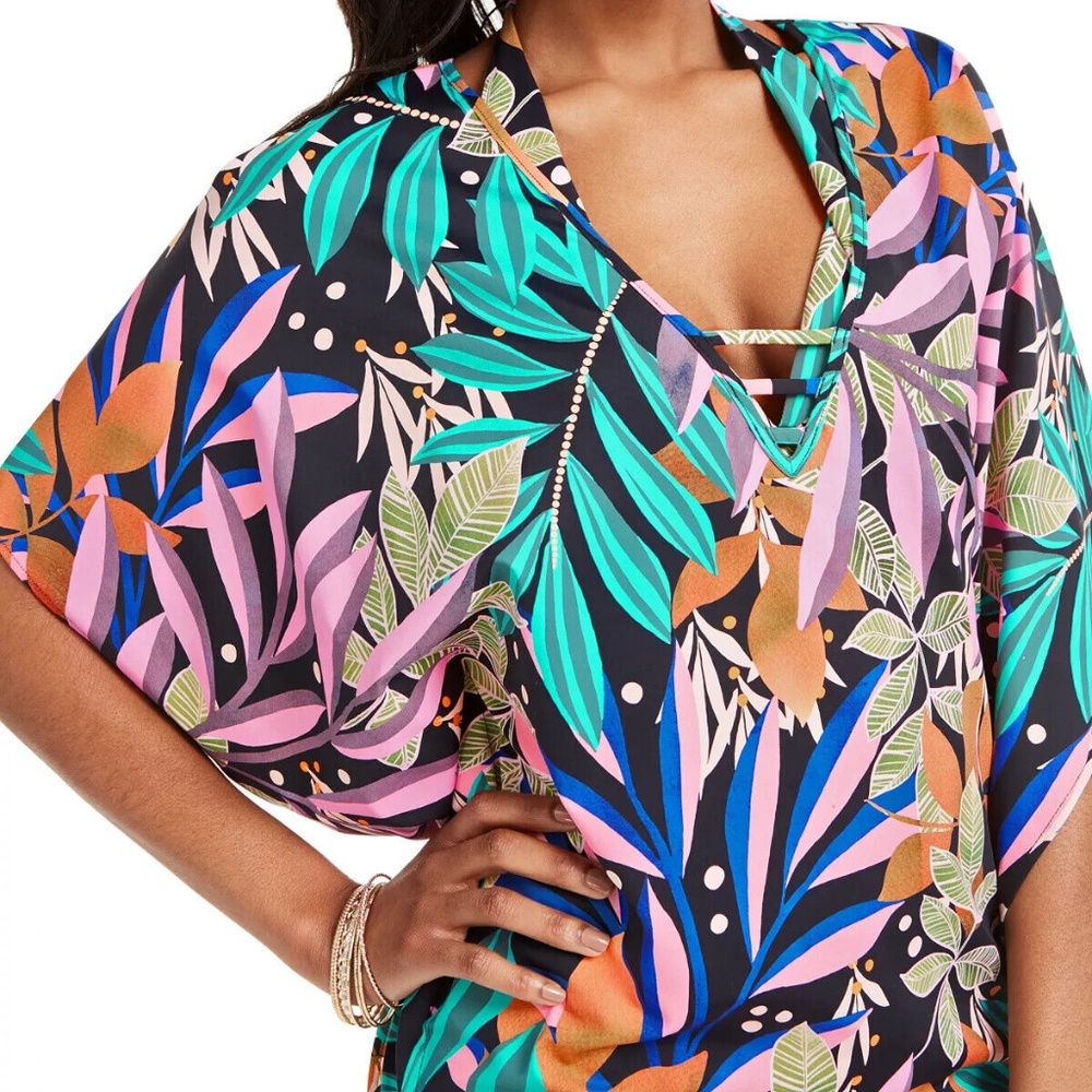 Bar lll Jungle Print Cut-Out V-Neck Swimsuit Cover Up Tunic, Pink Multi Size M